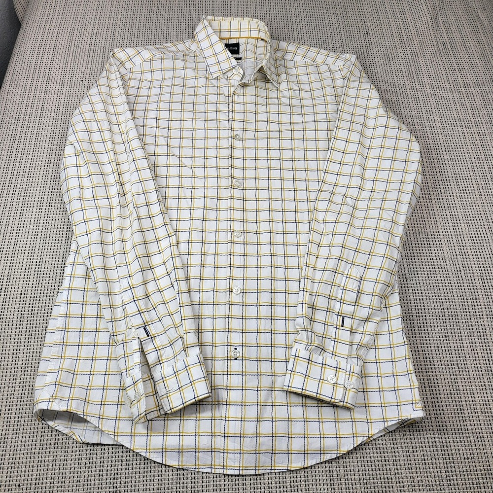 Hugo‎ Boss Shirt Mens 16.5 White Check Regular Fit Cotton Dress Long Sleeve